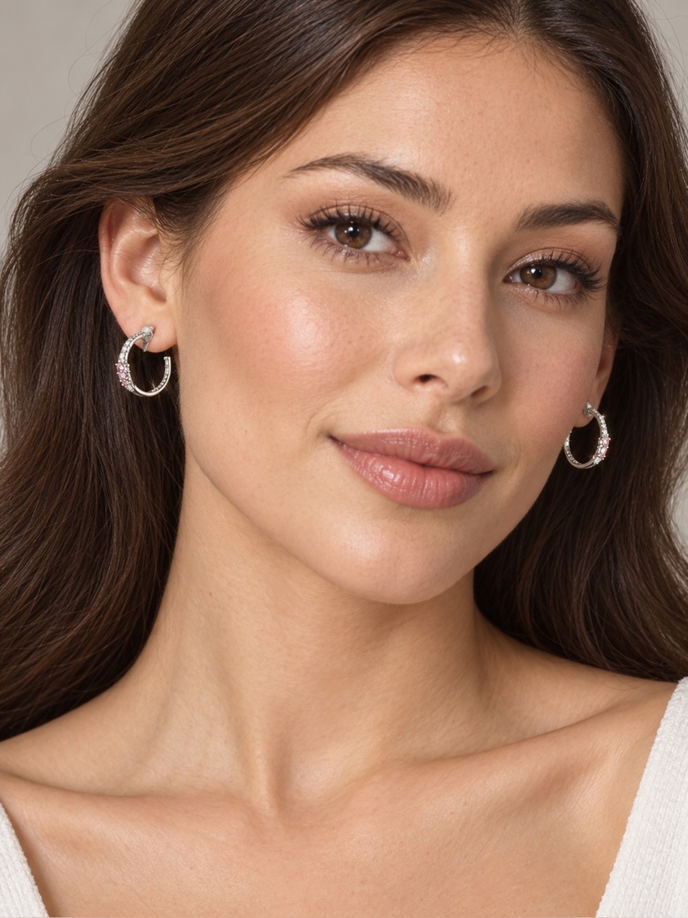 bp Silver Hoops with Pink Crystal Accents,NIB